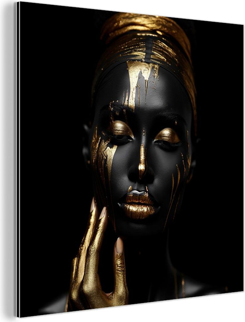MuchoWow Wanddekoration Metall Metallbild Wandkunst 20x20 cm Frau - Abstrakt - Schwarz - Gold - Porträt MuchoWow Aluminium Gemälde - Alu Dibond B...