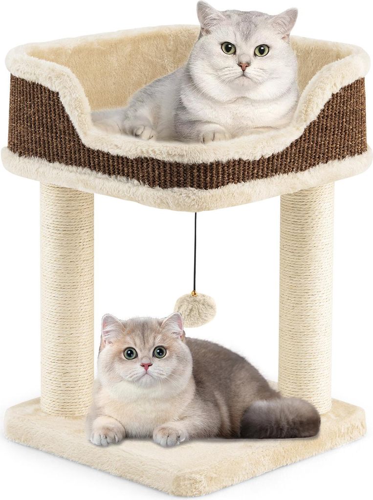 COSTWAY Kratzbaum Klein, Katzenbaum mit Plüschsitz, Ball & Sisal-Kratzsäulen, Katzenkratzbaum Holz, Katzenmöbel, Katzenturm, 38x38x51cm, Beige