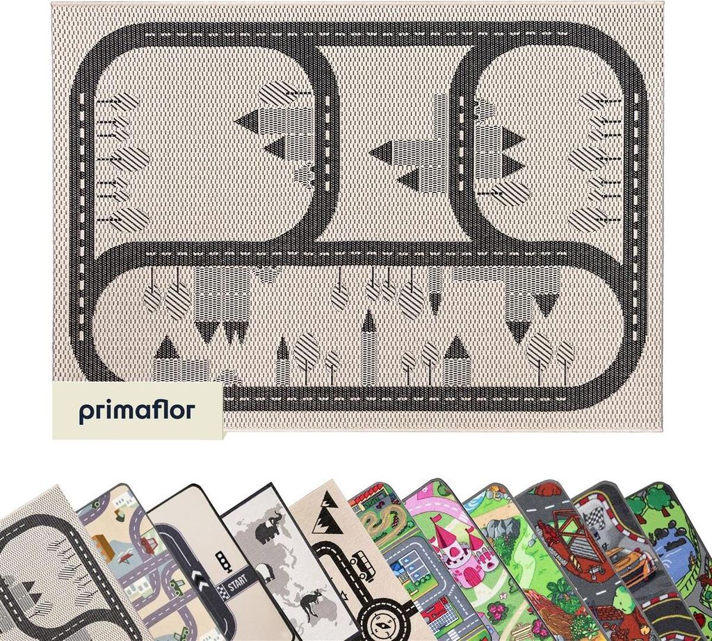Primaflor Kinderteppich CABANE - Streets - 120x170cm - Schwarz - Spielteppich für Mädchen & Jungs - Straßenteppich in Naturtönen