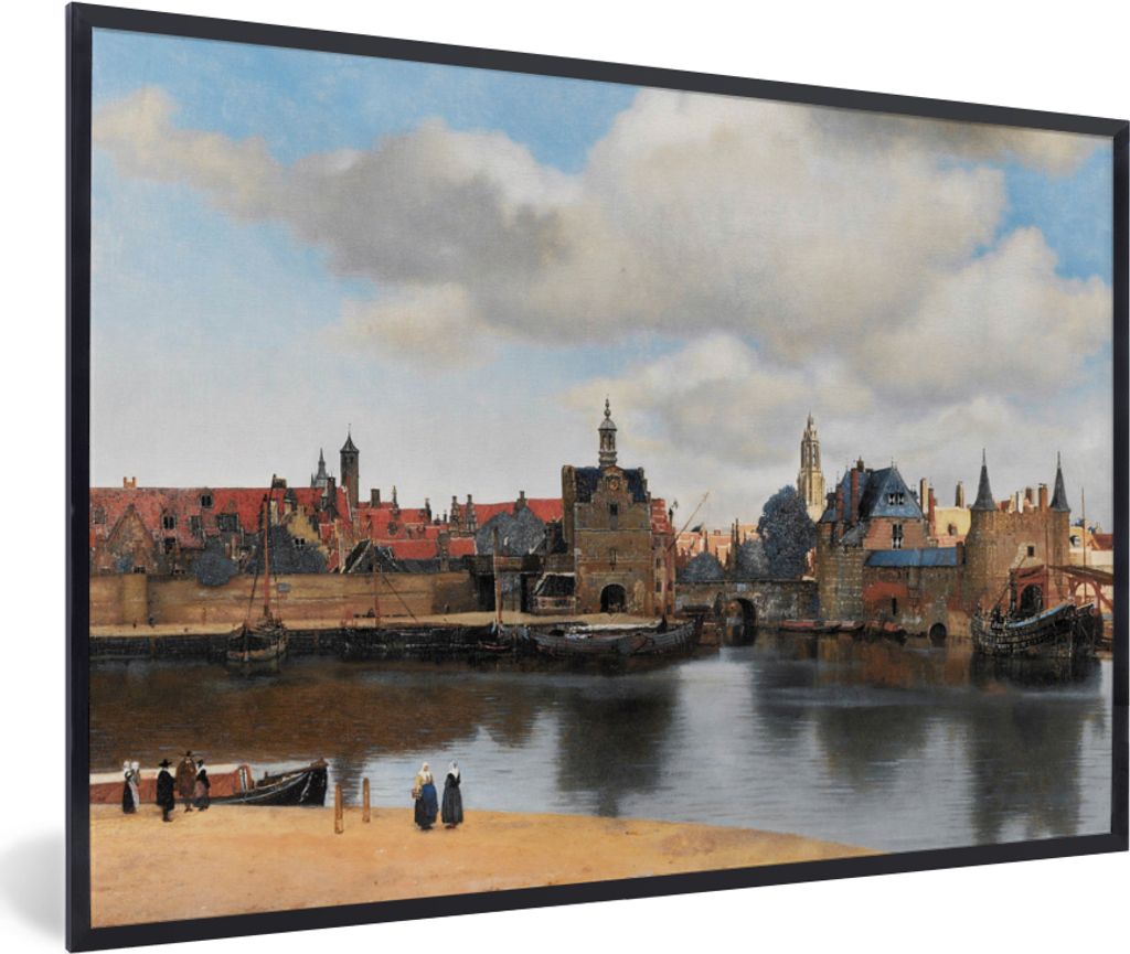 MuchoWow Gerahmtes Poster Vermeer - Stadt - Alte Meister - Kunst 30x20 cm - Poster mit Schwarzem Bilderrahmen Wandposter Rahmen Foto Bilder - Kun...