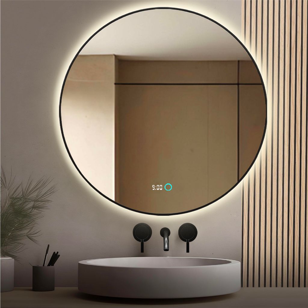 Lumoire Badspiegel mit beleuchtung – 100 cm Rund – Mit Anti-Beschlag & Digitaluhr – Matt Schwarz