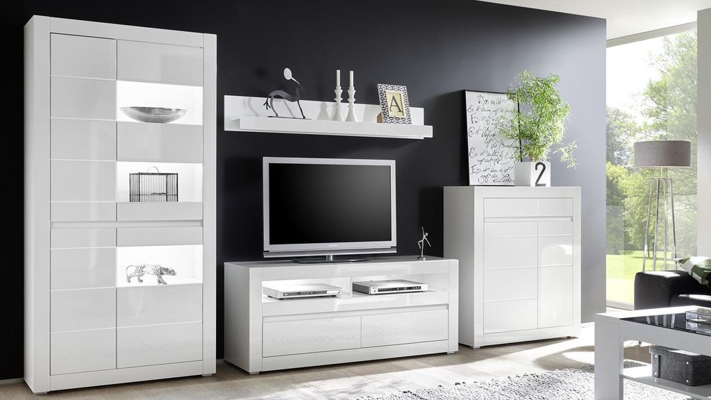 Wohnwand 4 Carat Anbauwand Wohnzimmer weiß Hochglanz