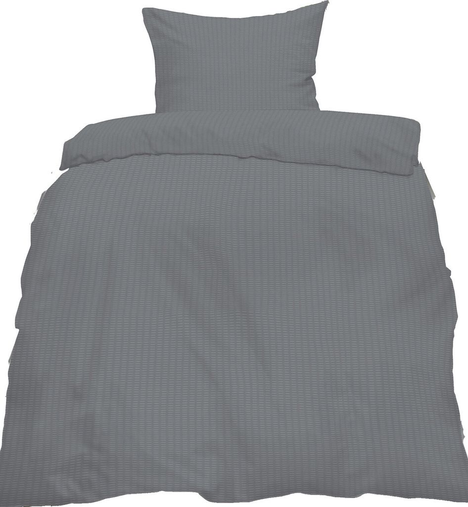 A gray duvet cover and pillowcase set, folded and laid flat against a white background.