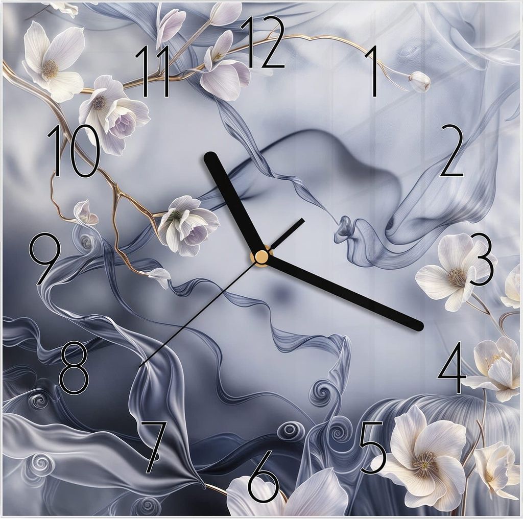 Wanduhr aus Glas mit Motiv Blumenwellen On Silk- 30 x 30 cm - inkl. Aufhängesystem