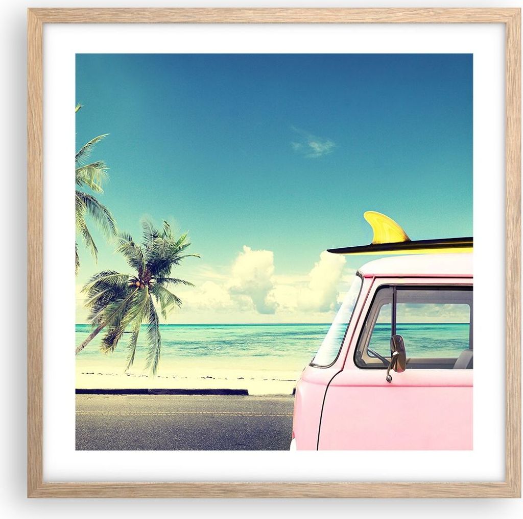 Gerahmtes Poster - Rahmen in heller Eiche - Auto Surfbrett Strand Ozean - 50x50 cm - Wand Bild - Wanddeko - Wandbilder - Wandposter - Bilderrahmen ...