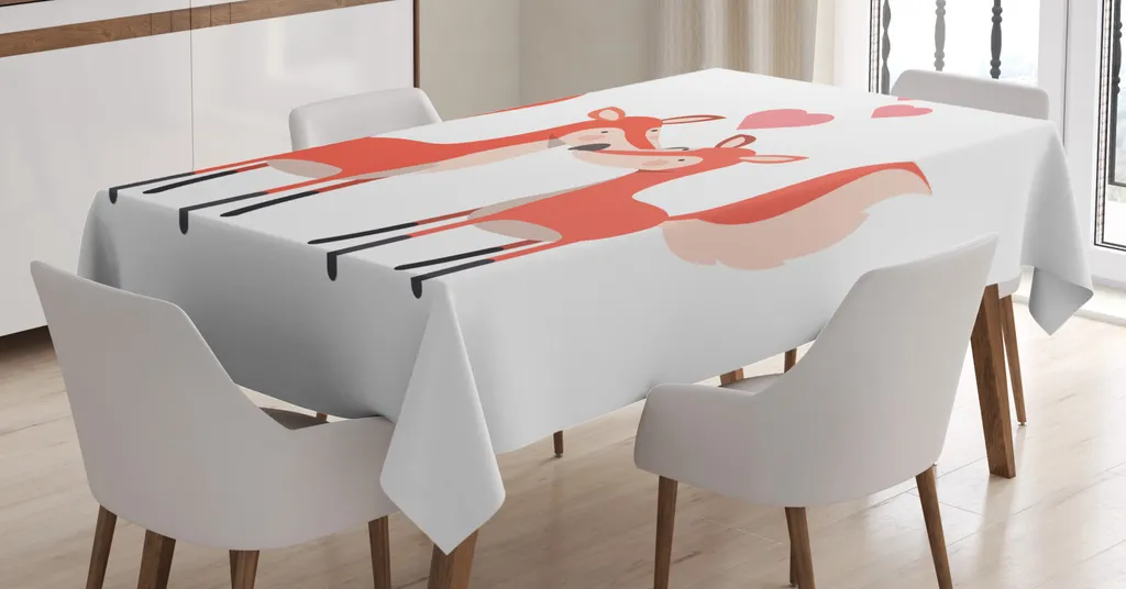 ABAKUHAUS Tovaglia di San Valentino, coppia di volpi dei cartoni animati, resistente allo sporco, facile da pulire, lavabile, stampa con colori vivaci che non sbiadiscono, 140 x 200 cm, colori guscio d'uovo Siena - 1