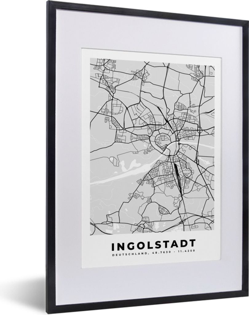 MuchoWow Gerahmtes Poster Karte - Ingolstadt - Deutschland - Stadtplan - Karte 30x40 cm - Poster mit Schwarzem Bilderrahmen Wandposter Rahmen Fot...