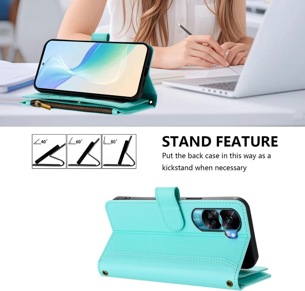 Cover Honor 90 Lite Flip Book Verde Menta con Portamonete e Zip - 2