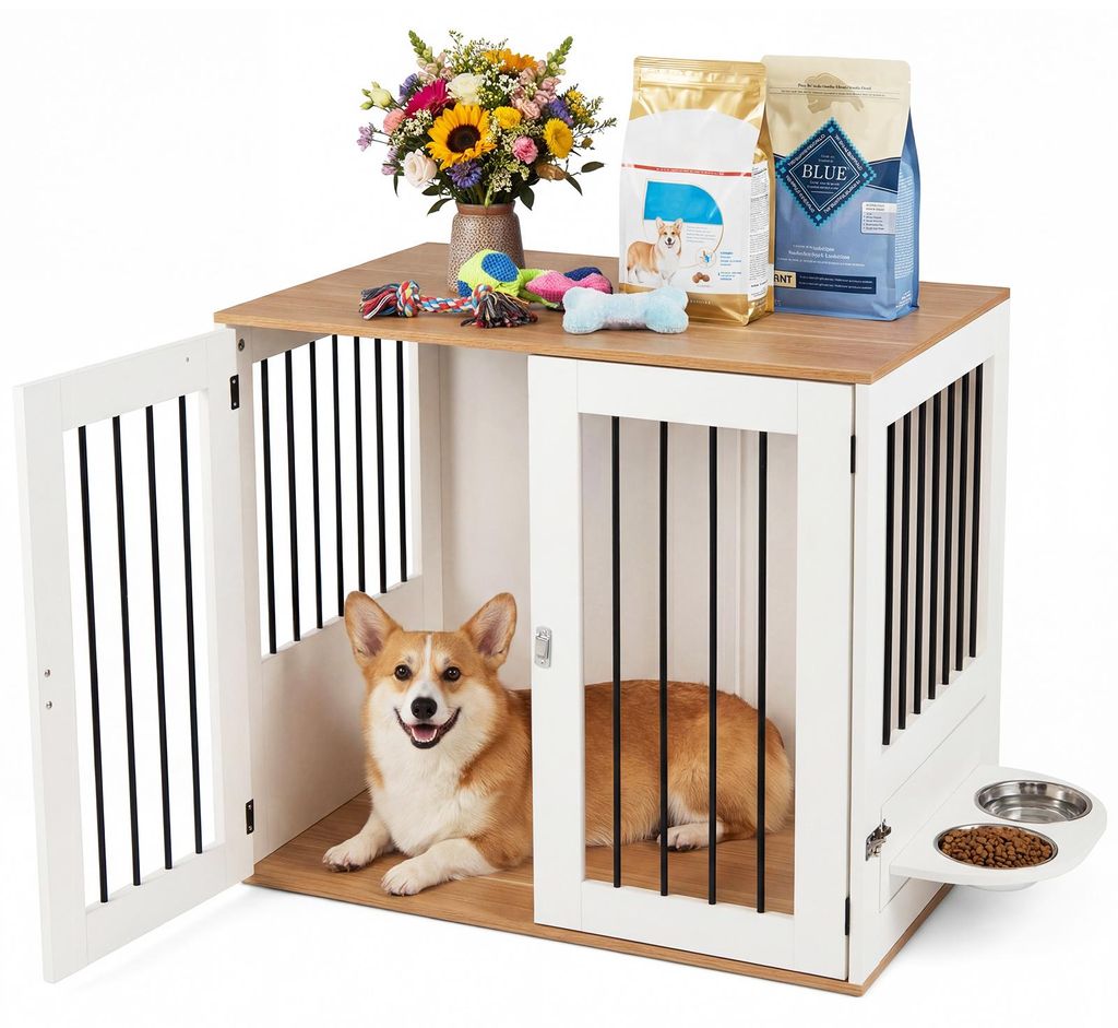 COSTWAY Hundekäfig Möbel, Hundebox mit 360° drehbaren Futternäpfen, Hundeschrank mit abschließbarer Tür, Hundehaus, Beistelltisch, Weiß