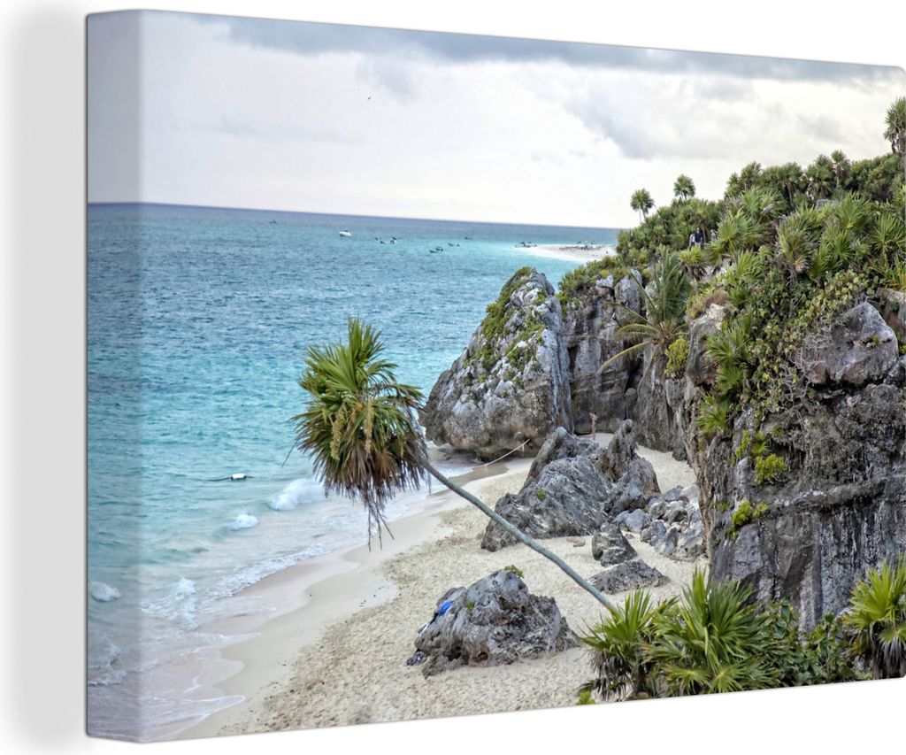 OneMillionCanvasses - Leinwandbilder - 140x90 cm, Strand im mexikanischen Tulum mit Ruinen, Wandbilder Kunstdruck Wanddekoration - Foto auf Leinw...