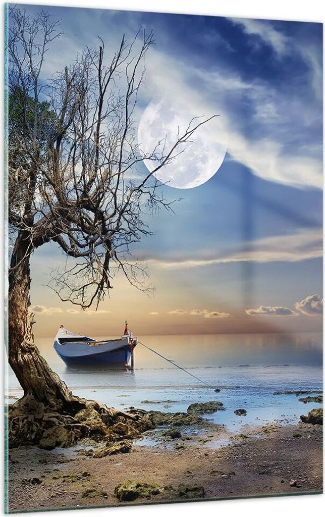 Bilder auf glas - Einteilig - Nacht Mond Boot - 50x70cm - Glasbilder - Wandbilder - Bilder - zum Aufhängen bereit - Wanddekoration aus Glas - Glas...