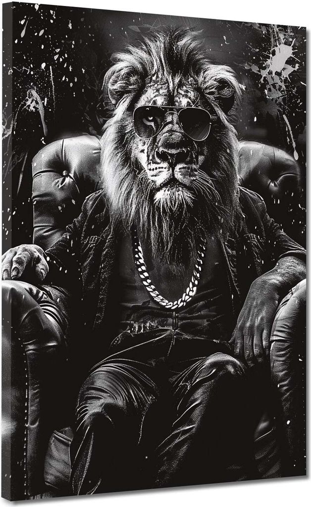 Löwe mit Sonnenbrille im Sessel Schwarz Weiß Leinwandbild Wandbild XL Wanddeko: 60x80x2cm