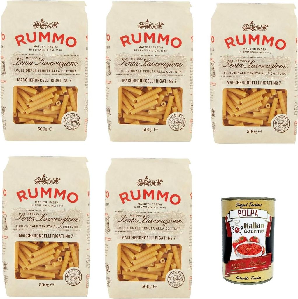 Rummo Maccheroncelli N° 7 Pasta Lenta Lavorazione Teigwaren aus Hartweizengrieß Bronze-Zeichnung 5x 500g + Italian Gourmet polpa 400g