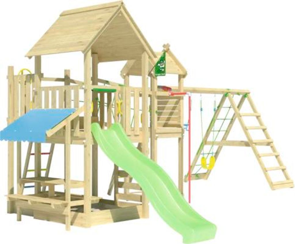 Doppelschaukel Spielhaus mit Stelzen Jungle Gym 652 x 464 cm Holz grün