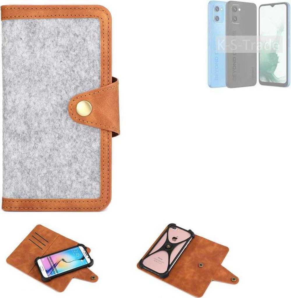 K-S-Trade Handyhülle kompatibel mit UMIDIGI G1 Plus Schutzhülle Filz-Hülle Kunst-Leder hellgrau braun (1x)