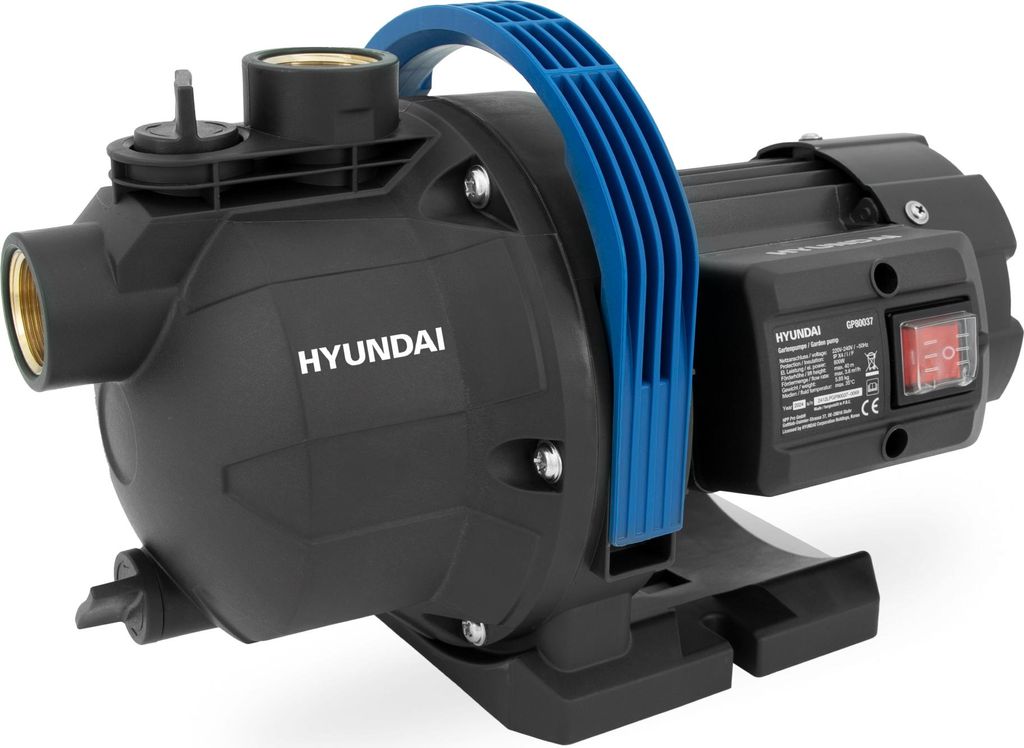 A black and blue Hyundai water pump is shown against a white background.