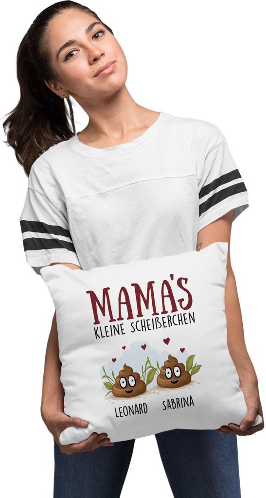 Kissen-Bezug personalisiert Mama's kleine Scheißerchen und anpassbare Namen Kackhaufen Geschenk Muttertag MoonWorks Mama - 2 Kinder weiß 40cm x...