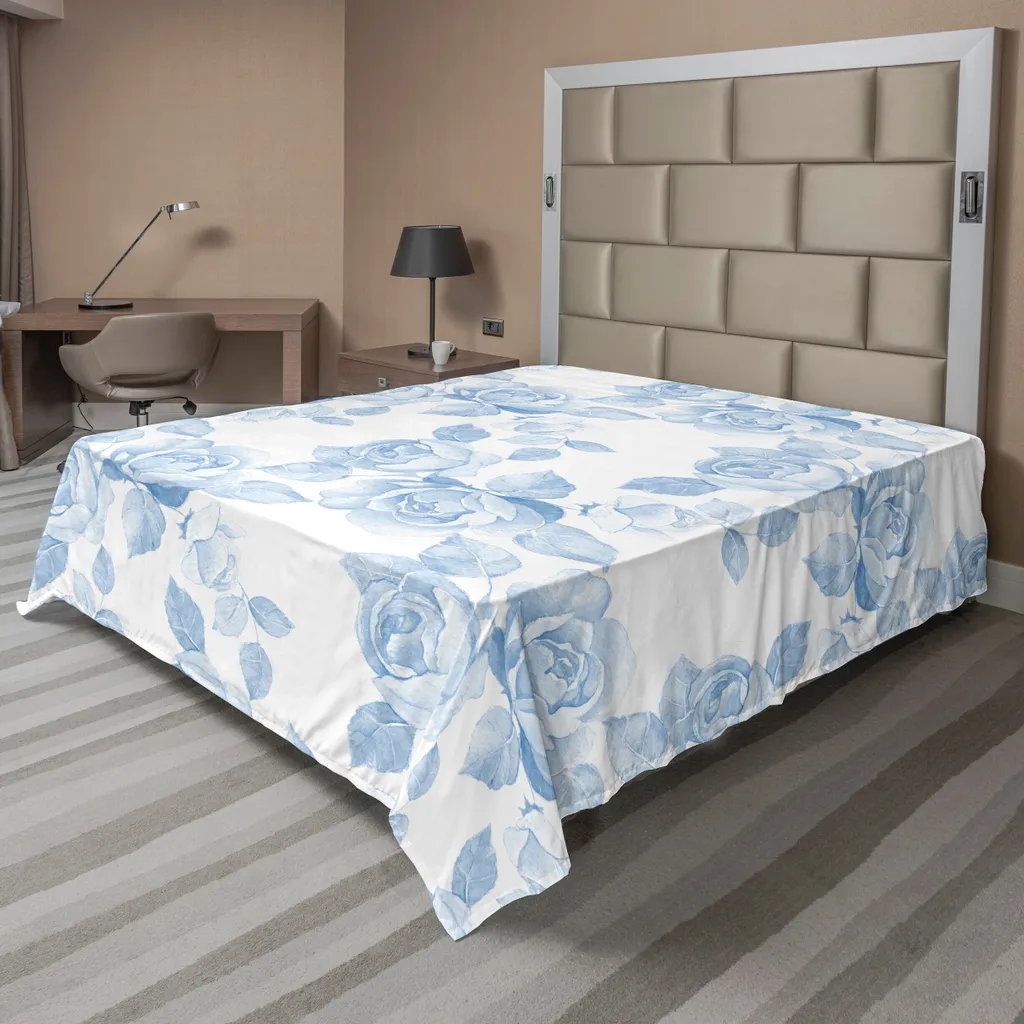 Drap de lit doux floral bleu et blanc 275x260, Confort Supérieur Chic