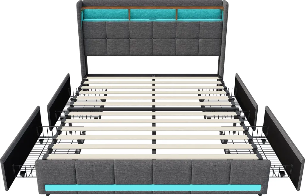 UnboxG Lit rembourré 160x200 gris en lin avec 4 tiroirs et LED intégrées