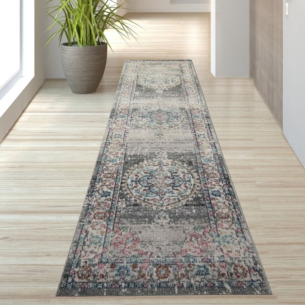 Teppich Orient Outdoor Vintage in grau blau Größe - 80 x 300 cm