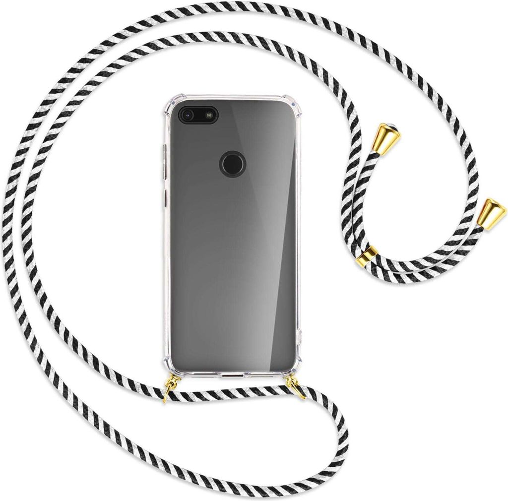 Handykette Backcover-Schutzhülle mit Band (Metall goldfarben) für Motorola Moto E6 Play - schwarz/weiß gestreift