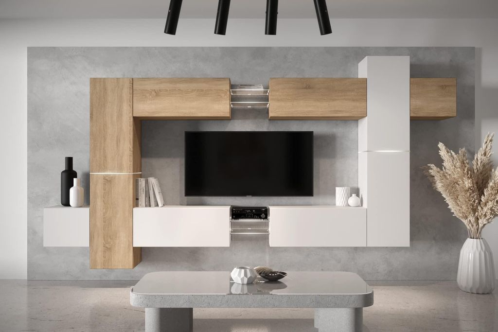 Furnitech Wohnwand Wohnzimmer - Wohnzimmer Möbel mit LED Weiß - Hängend Wohnwand Modern - Regale und TV Schrank (AN91NEW-21SW-M16 MATT)