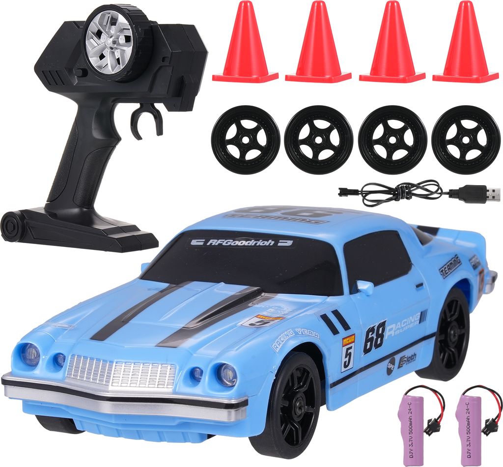 Ferngesteuertes Auto Ferngesteuertes Driftauto 2,4 GHz 1/24 4WD Rennauto mit LED-Lichtern Renn- und Driftreifen Barrikade, Gelb, 1 Batterie