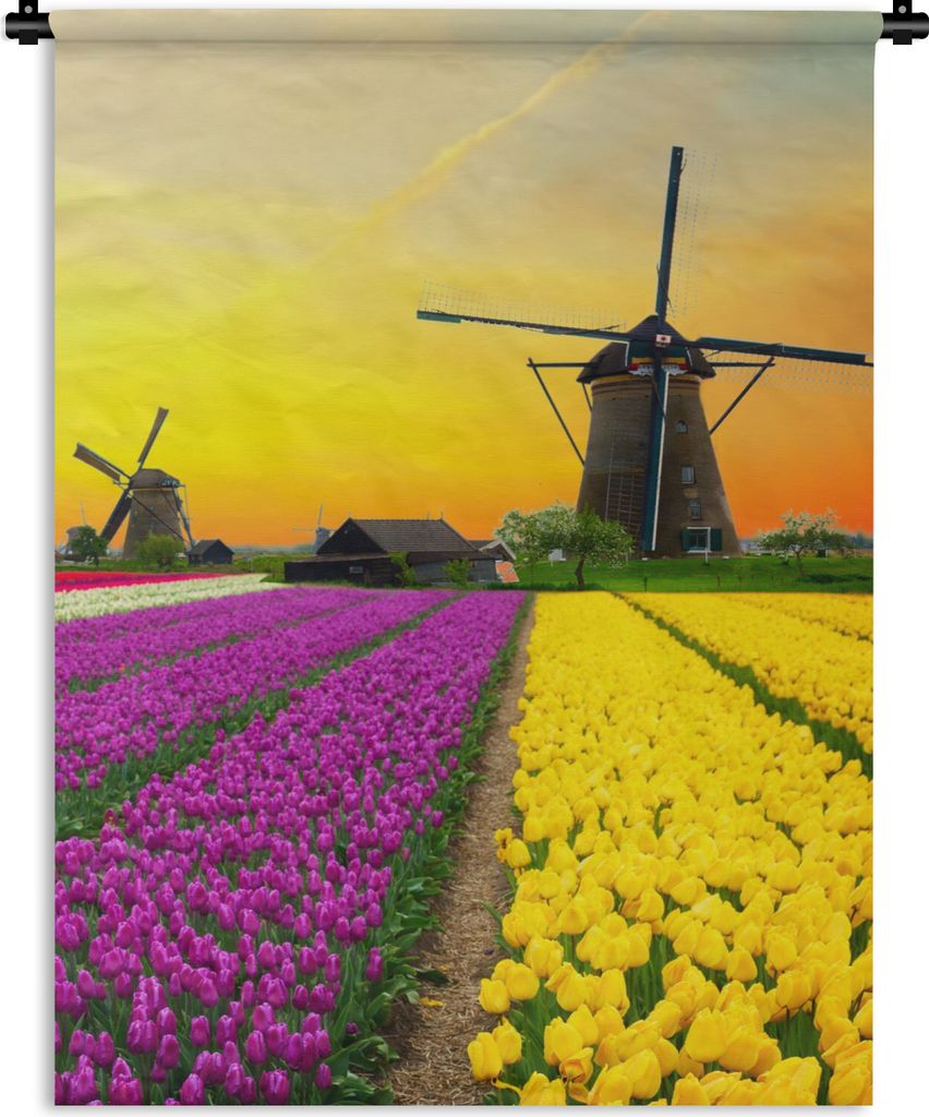 MuchoWow Wandteppich Wandbehang Windmühle - Tulpen - Blumen - Frühling 150x200 cm Tapisserie Dekoration Wandtuch - Wandaufhängung - Moderner