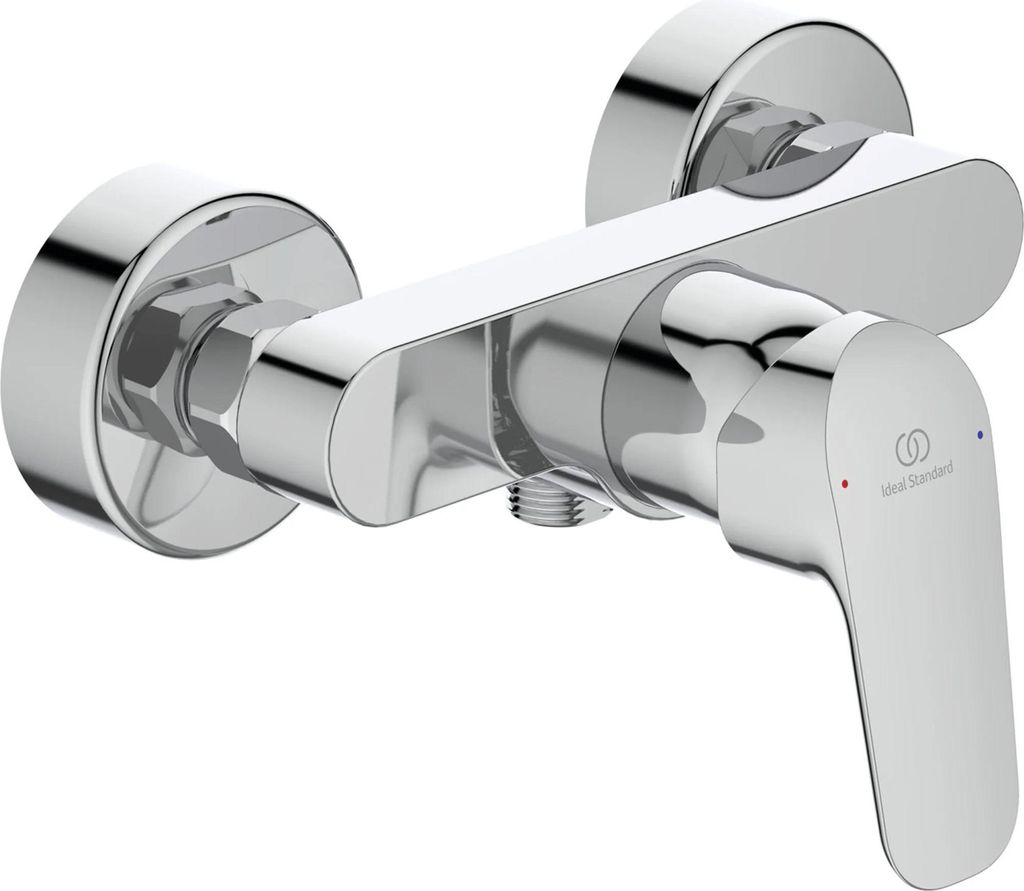 A chrome-finished shower mixer faucet mounted on a white background.