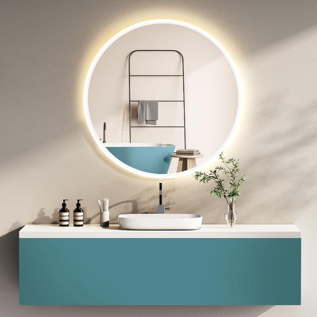HOKO Design Badspiegel rund 60 cm Malaga mit Metall Rahmen Weiß. Runder Bad Wandspiegel LED beleuchtet + Touch Schalter + LED Licht Wechsel.