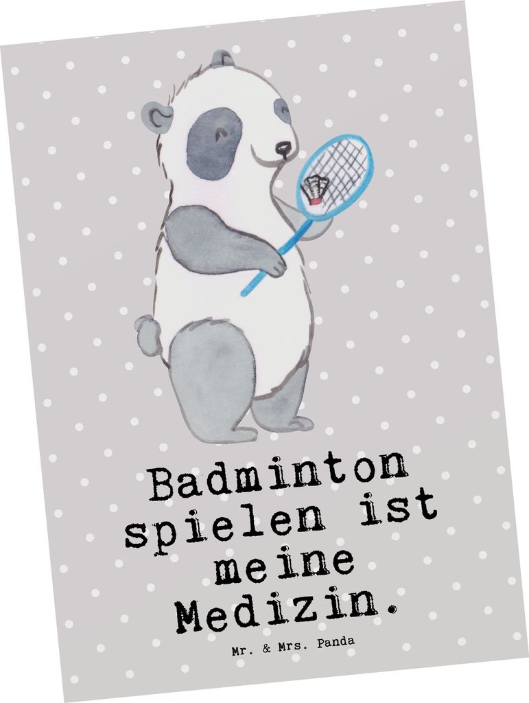 Mr. & Mrs. Panda Postkarte Panda Badminton - Grau Pastell - Geschenk, spielen, Ansichtskarten, Postkarten, bildkarte, Ansichtskarte, Grußkarte