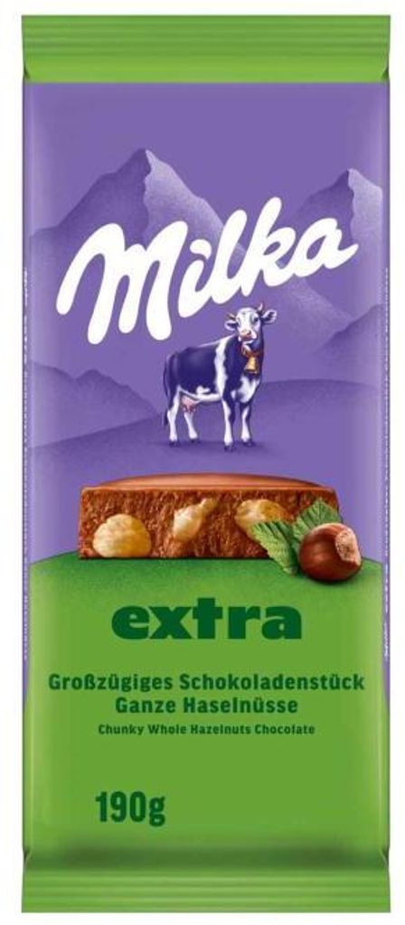 Milka EXTRA Chocolade met hele noten, met hele hazelnoten, Productafbeelding 