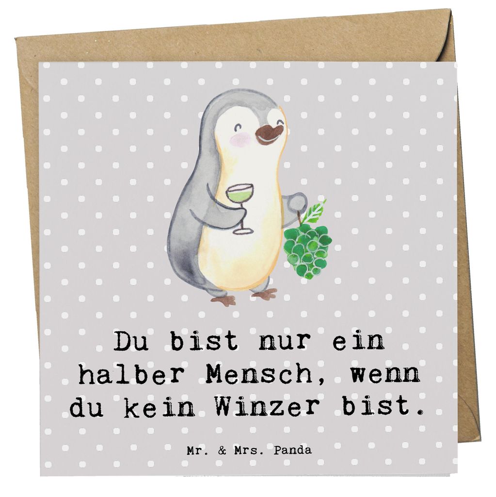Mr. & Mrs. Panda Grußkarte Winzer Herz - Grau Pastell - Geschenk, doppelkarte, Glückwunschkarte, anlasskarte, Klappkarte, faltkarte