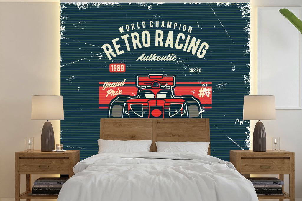 MuchoWow Fototapete für Wohnzimmer oder Schlafzimmer Wandtapete Vinyl Motivtapete Auto - Rennen - Retro - Zeichnung - 240x240 cm - Schlafzimmer-...
