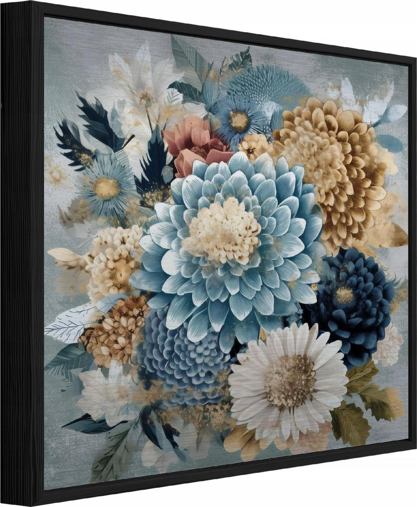 Bilder mit Rahmen Blumen Pfingstrosen Abstrakt - 80x80 cm - Wandbilder Wohnzimmer Schlafzimmer - Metallbild Bilder mit Rahmen Blau - ADS16381S4