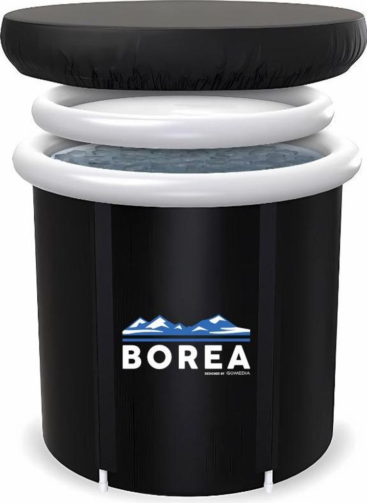 A black inflatable tub with a white rim, filled with water, and a black cover on top. The tub has a logo with mountains and the word 'BOREA' on it.