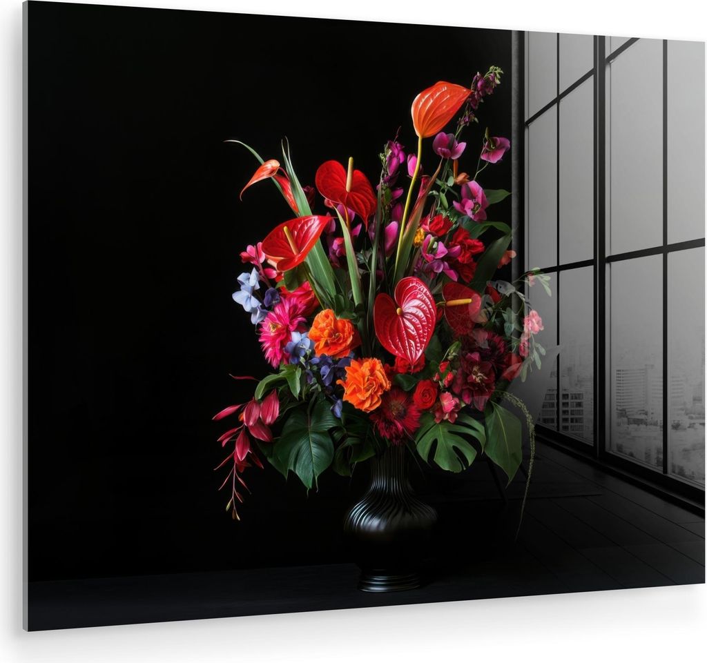 MuchoWow Glasbilder - Bilder auf Wandbild - Foto auf Glas Blumen - Blumenstrauß - Ornamental 80x60 cm Wanddekoration aus Glas - Acrylglasbild - Ac...