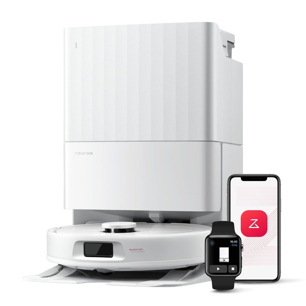 A white robot vacuum cleaner with an all-in-one dock, a smartphone, and a smartwatch are displayed against a white background.