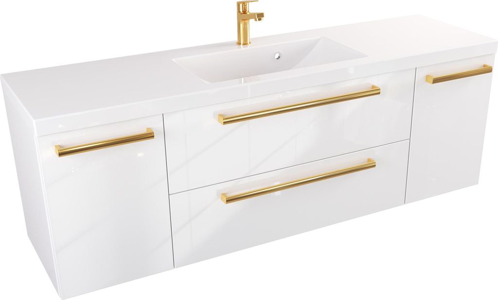 FURNI Waschtischunterschrank ATH 140 cm - Weiß Hochglanz - Hängender Badschrank mit Mineralguss-Waschbecken - Griffe - Vormontiert