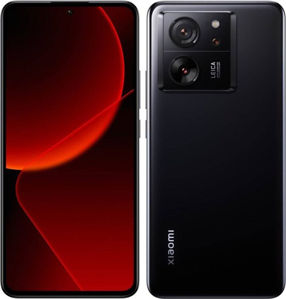 A black Xiaomi 13T Pro smartphone is shown from the front and back.