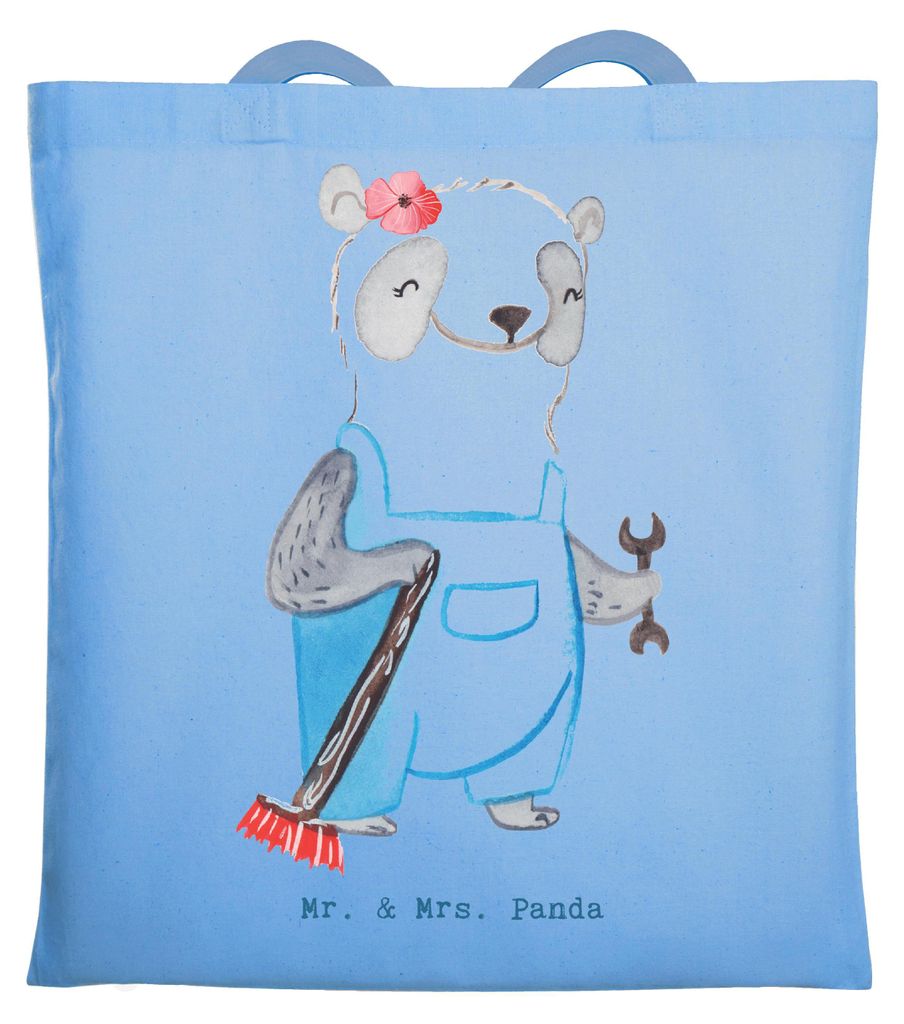 Mr. & Mrs. Panda Tote Bag Hausmeisterin Herz - Sky Blue - Geschenk, Facility Manager, Basteln, Laptoptasche, Concierge, Tasche, Einkaufstasche, Hei...