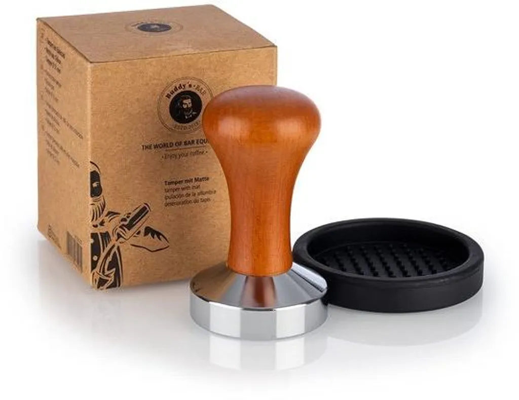 Tamper à café 53mm en acier inoxydable et manche bois avec tapis silicone