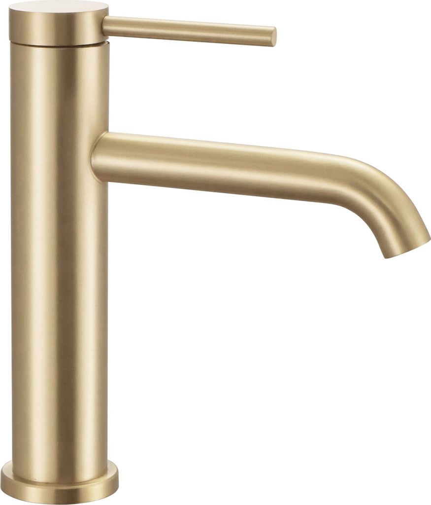 A close-up studio shot of a gold-brushed bathroom faucet against a white background.