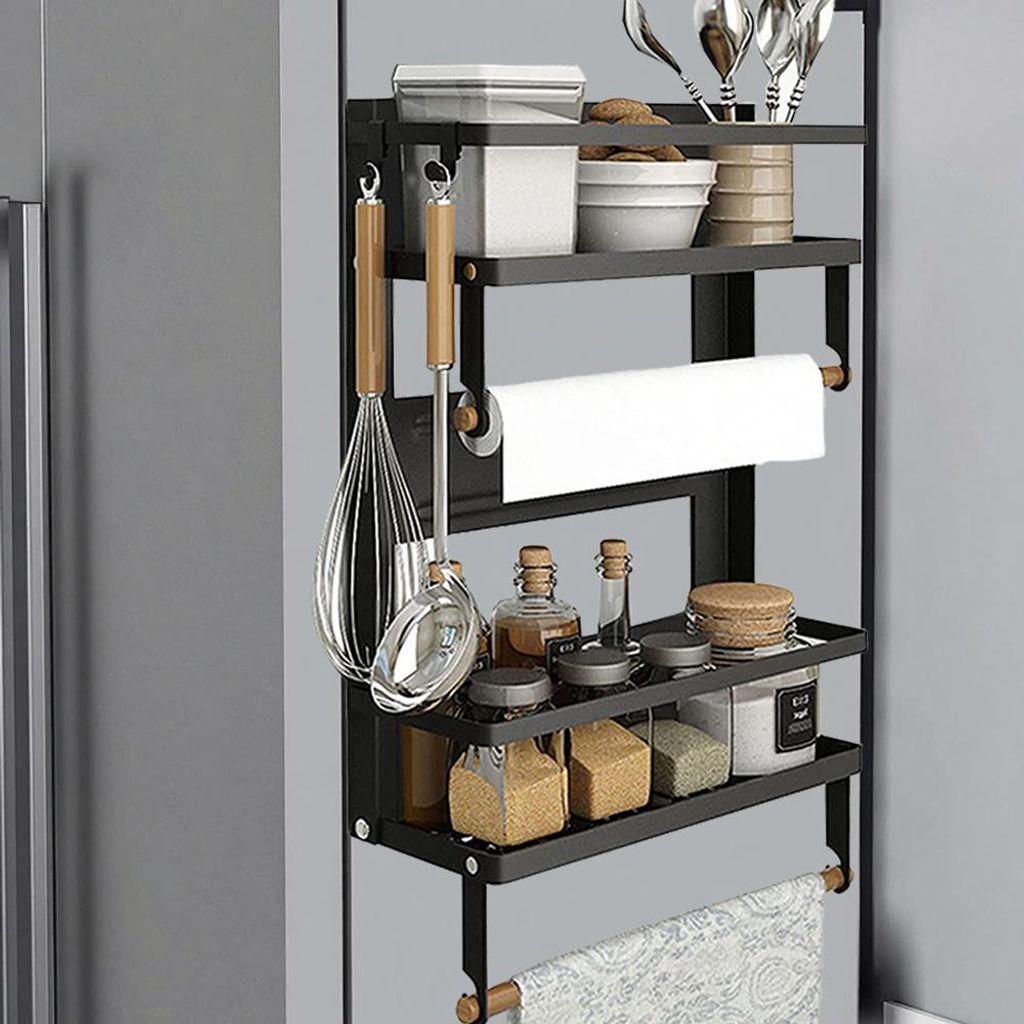 Gewürzregal Magnetische Küchenregal für Kühlschrank mit Küchenrollenhalter Platzsparend Hängeregal schwarz