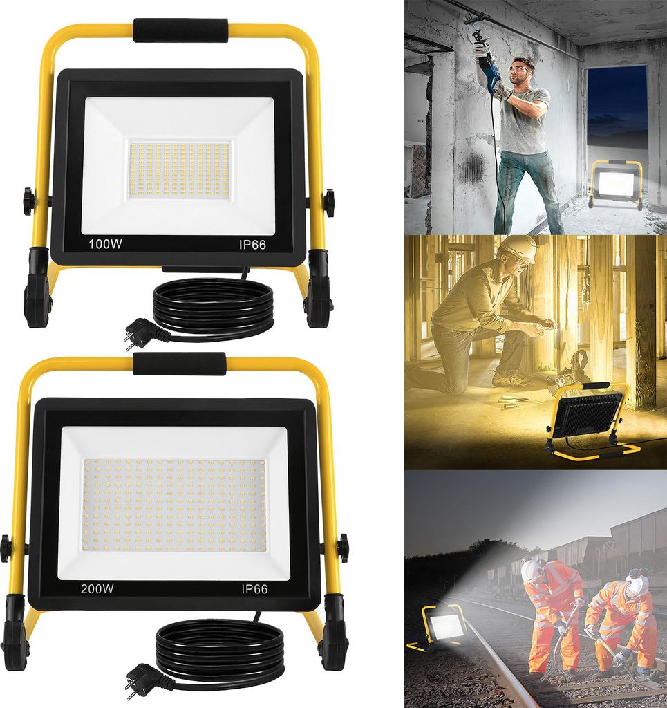 LARS360 LED Baustrahler 200W Warmweiß - Starker LED Fluter inkl. Standgestell & 3 m Kabel, IP66 wasserdicht, perfekt für Garten, Terrasse, Bauste...