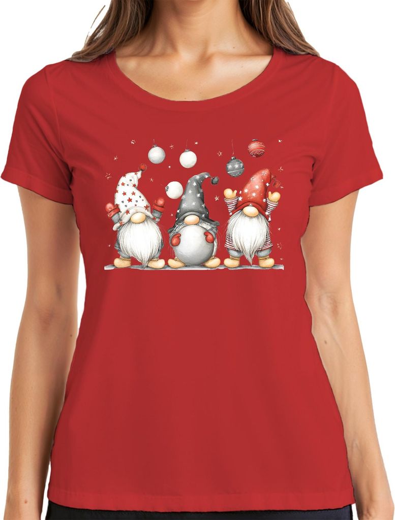 Drei Weihnachtswichtel niedlich Geschenk Zwerge Gnome Weihnachten Damen T-Shirt, Rot, M