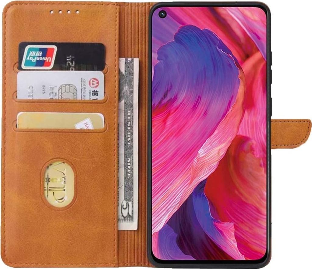 Geschikt voor Oppo A74 5G Telefoonhoesje Kunstleer met Magnetisch lipje en Pasjeshouder Book Case met Klepje - Bruin - Smartphonica