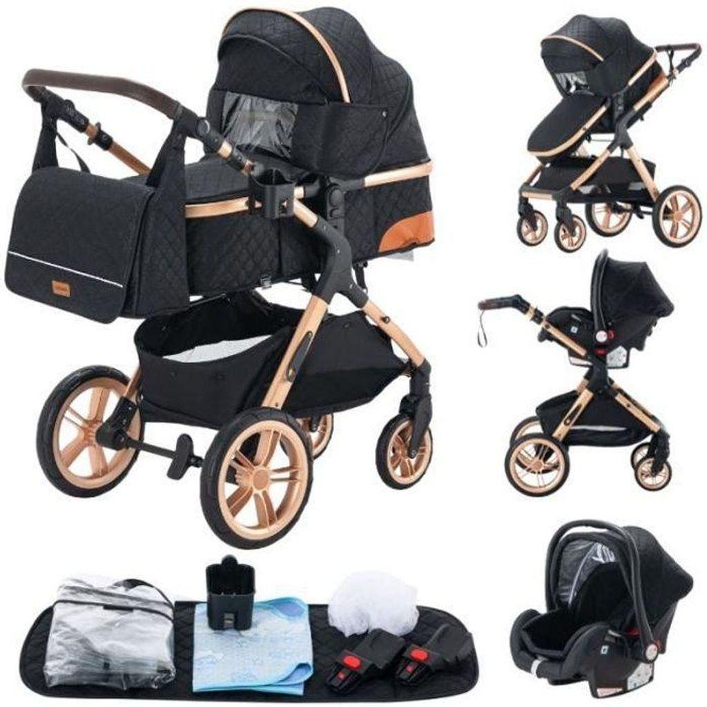 YAZOCO 3-in-1 kinderwagen met autostoel en reiswieg zwart Productafbeelding 