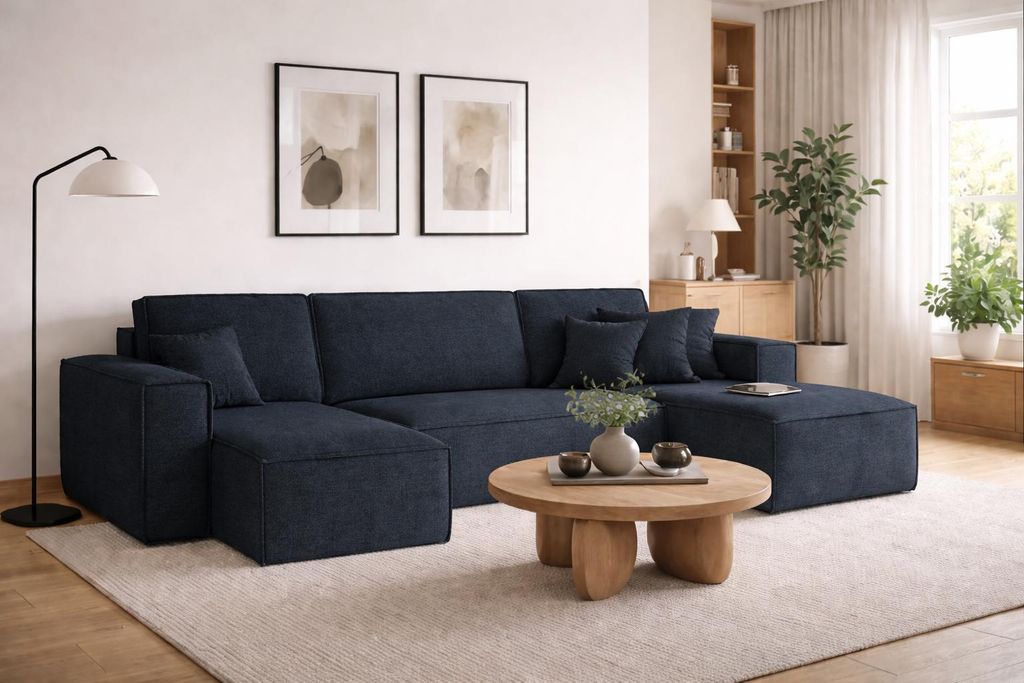 Kaiser Möbel Ecksofa mit schlaffunktion und bettkasten, Sofa U-form,Couch U-form BEST stoff Neve Dunkelblau