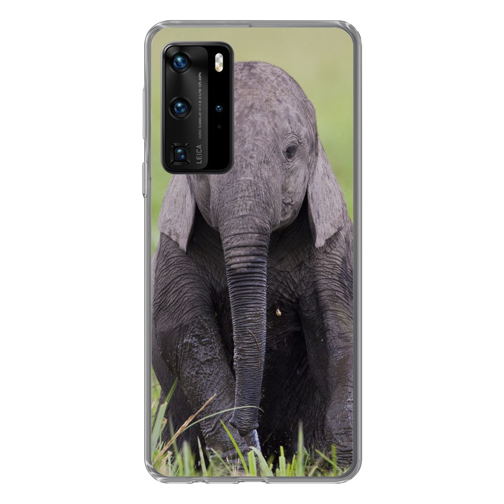 MuchoWow Handyhülle Schutzhülle Hülle für Huawei P40 Pro Elefant - Baby - Tiere - Gras - Natur Silikon Softcase Handy Hülle - Schutz